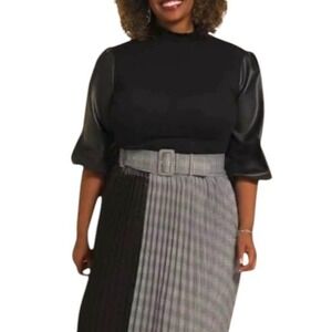 Monroe And Main Womens Faux Leather Jersey Blouse Size 12 Black Mock Neck Top‎